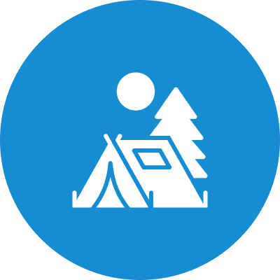 Top 10 Must-Have Camping Gear A blue circle with an image of a tent and trees.